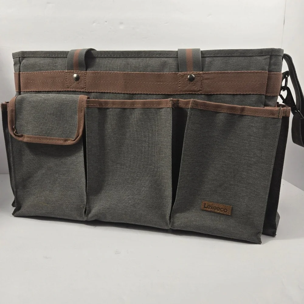 Lexeeco Utility Tote Bag Gray Canvas Organizer Insulated Bottom with Dividers